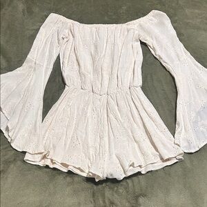 Off the Shoulder Cream Bell Sleeve Romper with eyelet detailing